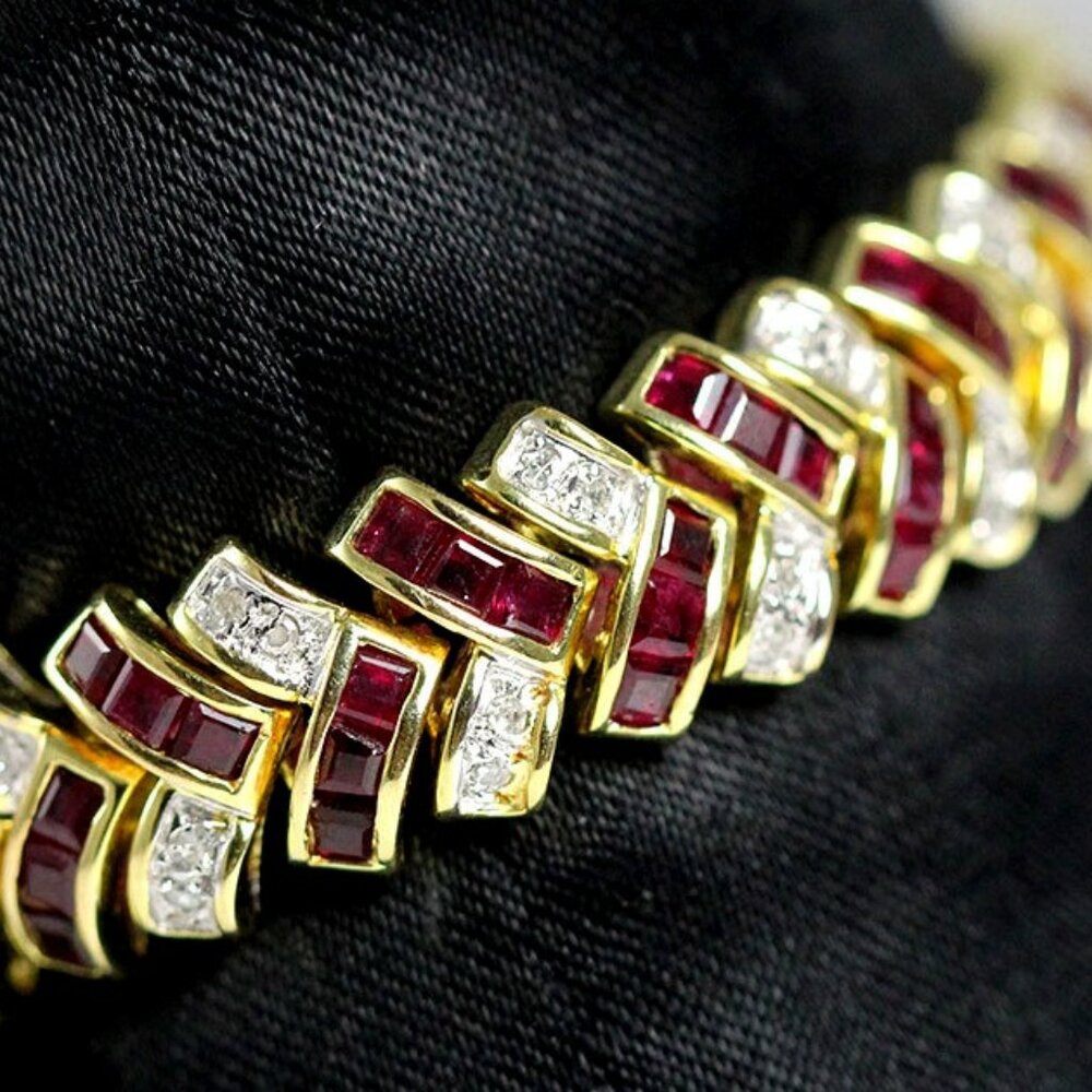 VINTAGE RUBY & DIAMOND COCKTAIL 14K YELLOW GOLD STRAP BRACELET 7
